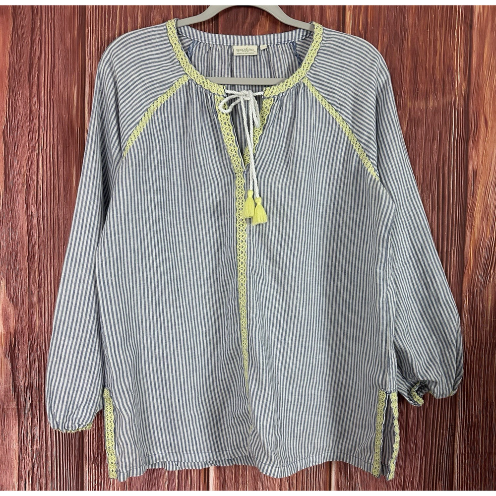 Spartina 449‎ Top Womens M Blue Striped Linen Peasant Top Boho Beach Tassel Tie